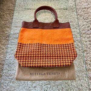 Bottega Veneta Vintage Orange and Brown Checkered Tote Bag w Large Dust Cover